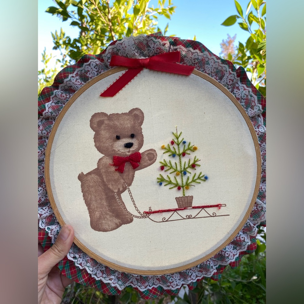 Vintage Holiday Bear Embroidery Hoop with Red Accents
